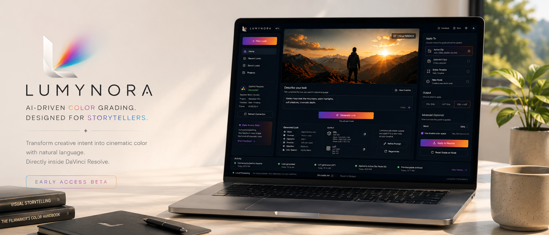 Lumynora cinematic color grading interface displayed on a dark workstation setup