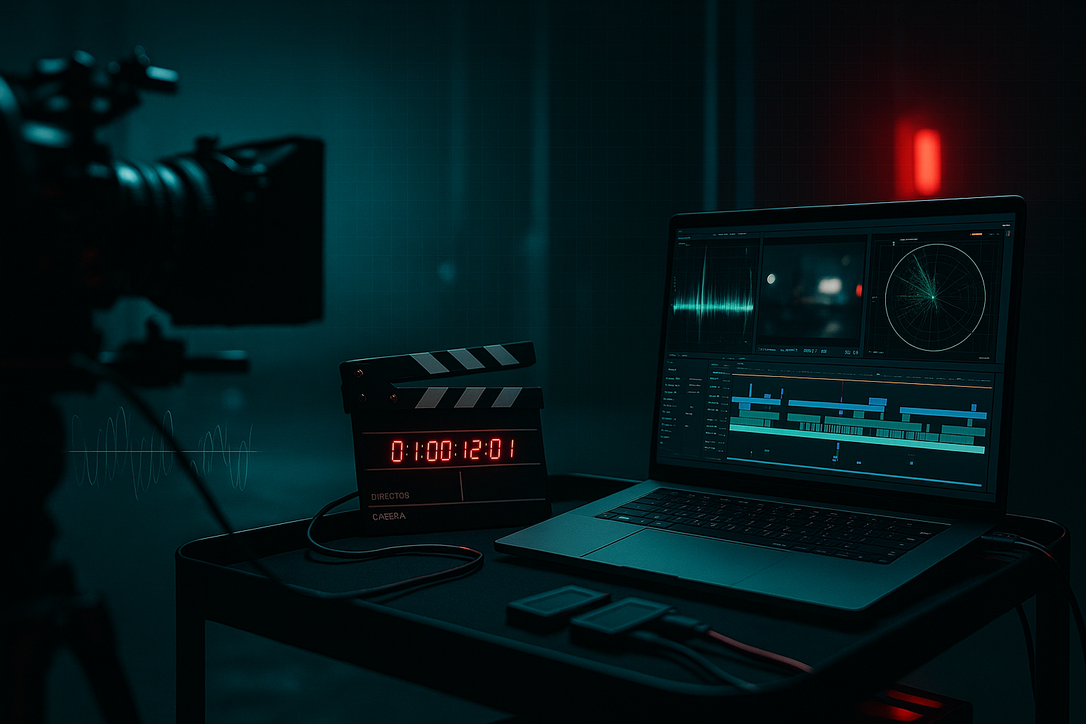 Laptop and camera rig on a film set, with dailies ingest in progress